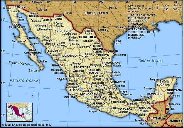 kart over øst-Mexico