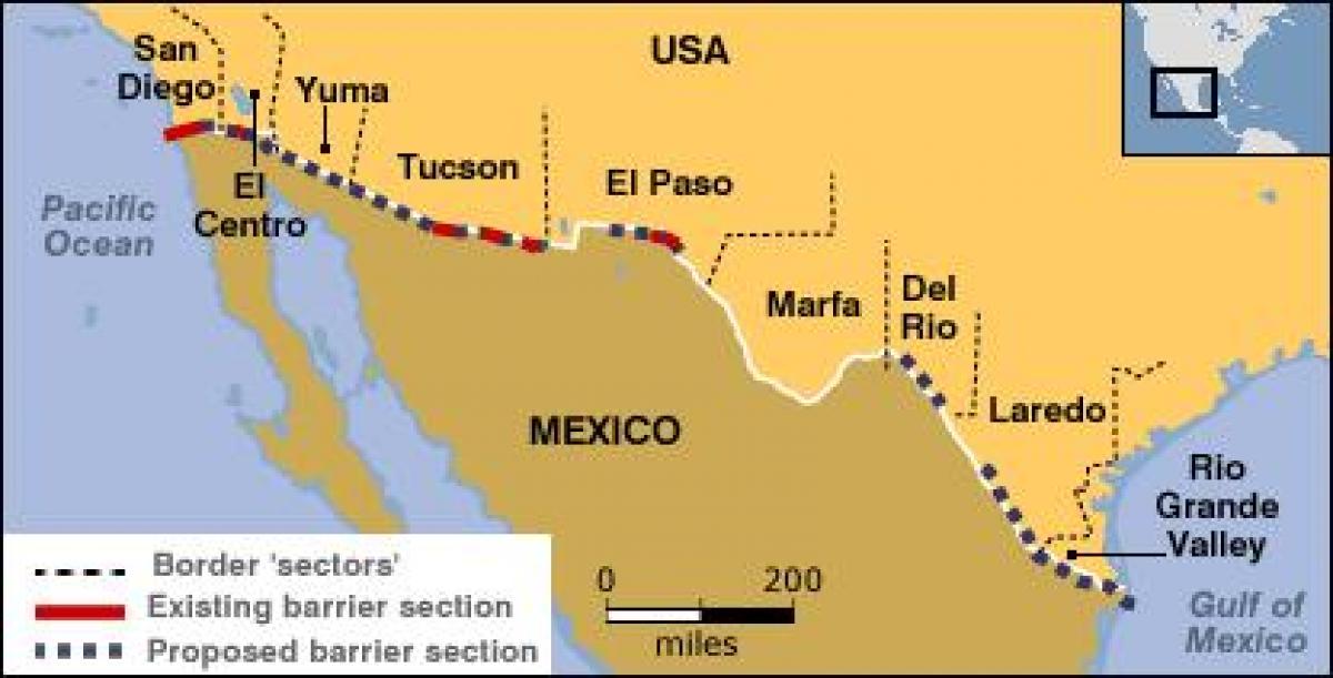 kart over den meksikanske grensen
