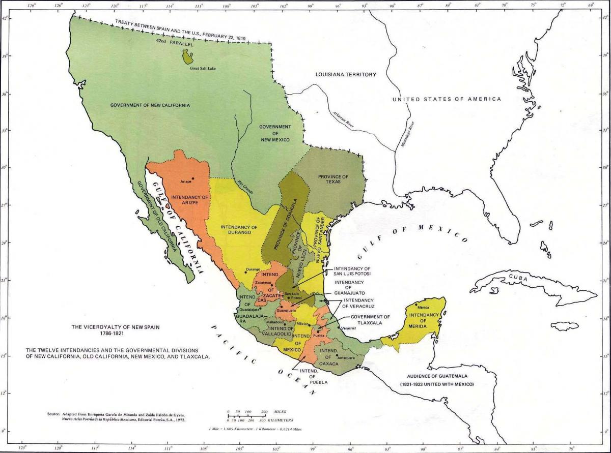 kart over Mexico i 1821