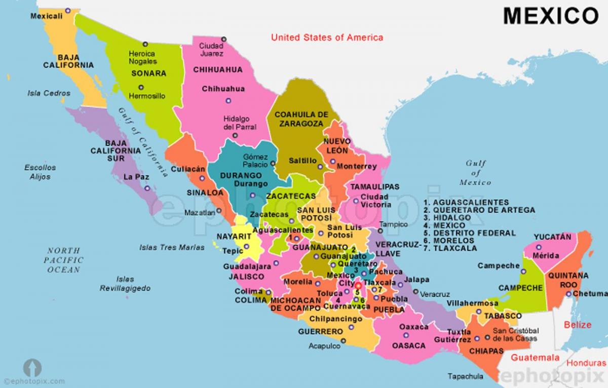 Mexico kart med stater og hovedsteder