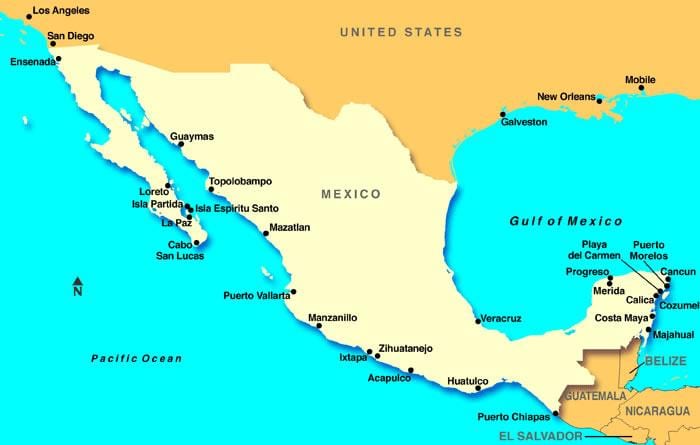 kartet av Mexico cruise-porter