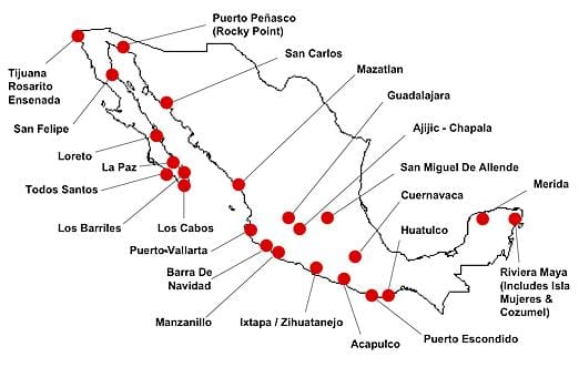 kartet av Mexico destinasjoner