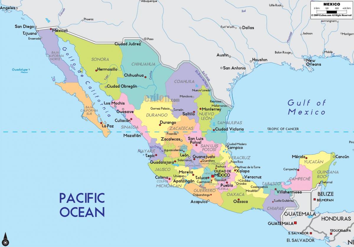 kartet av Mexico med byer og stater