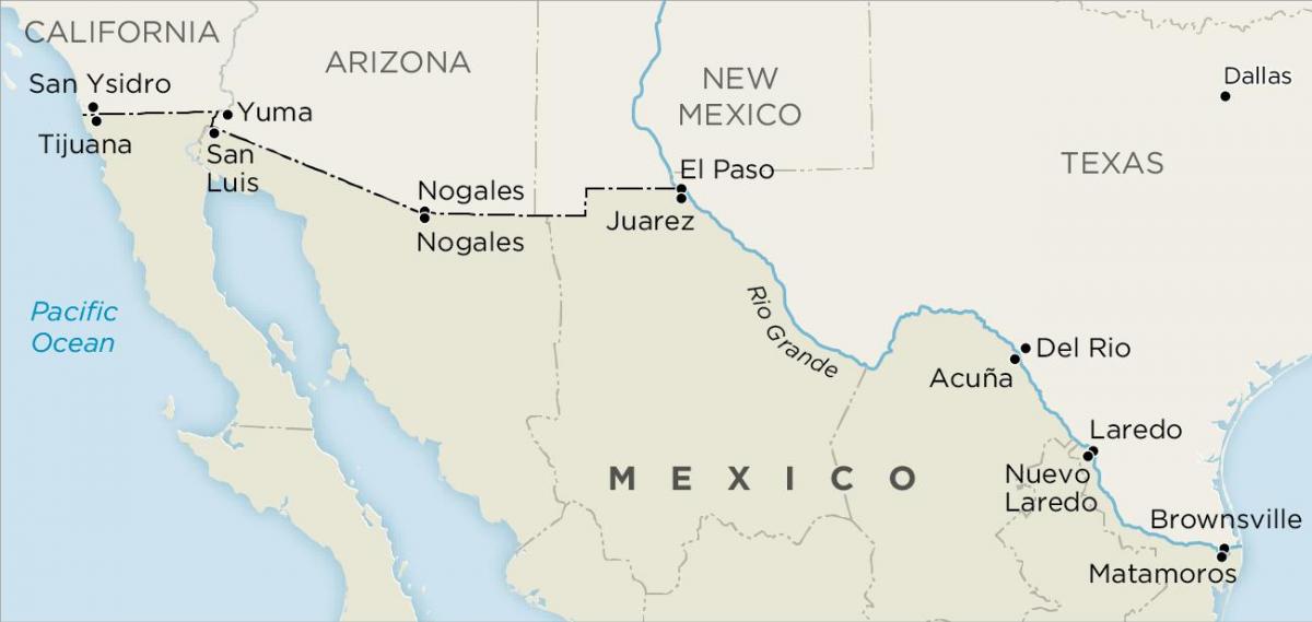 usa og Mexico grensen kart