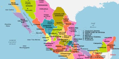 Mexico kart med stater og hovedsteder