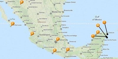 Kart av ferie flekker i Mexico