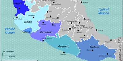 Kart over stillehavet kysten av Mexico